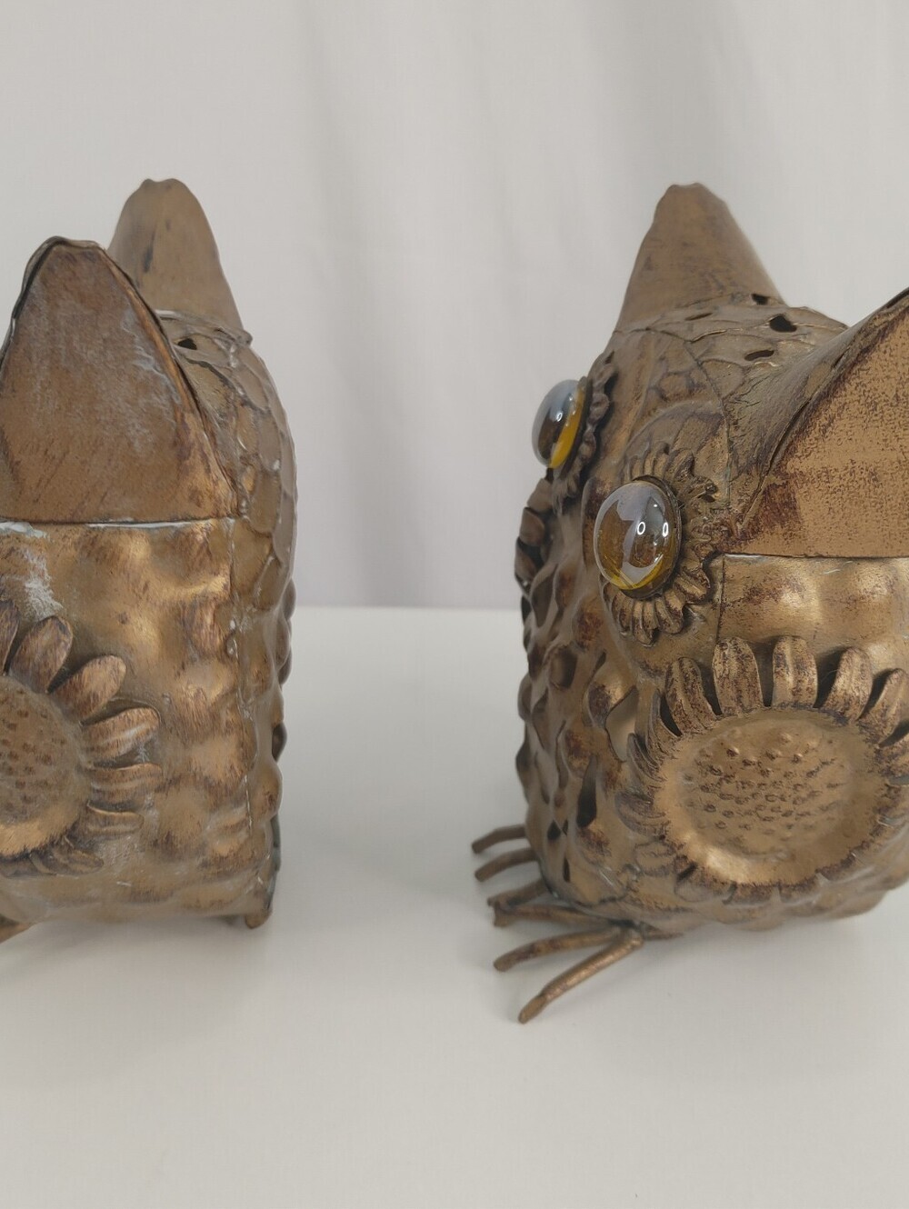 Vintage Metal Owl Tealight Candle Holders Pair 1970s Amber Glass Eyes 5.5" Retro - Picture 4 of 9